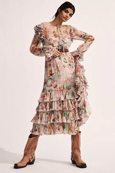 MAC DUGGAL FLORAL CHIFFON TIE-NECK TIERED MIDI DRESS