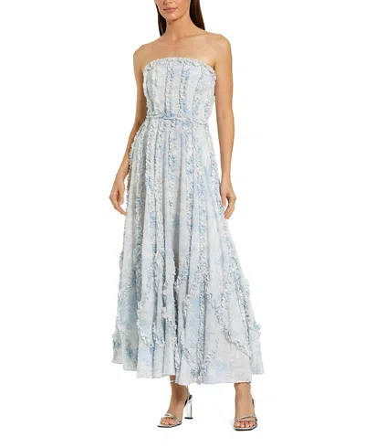Mac Duggal Floral Cotton Ruffle Strapless Gown In Blue Multi