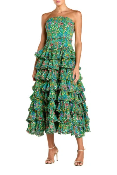 Mac Duggal Floral Cotton Strapless Tiered Ruffle Midi Dress In Green