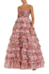 Mac Duggal Floral Cut Out Ruffle Layered Gown In Pink Multi