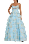 Mac Duggal Floral Cut Out Ruffle Layered Gown In Blue Multi