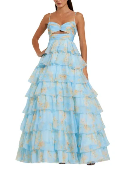 Mac Duggal Floral Cut Out Ruffle Layered Gown In Blue Multi