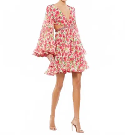 Mac Duggal Floral Cutout Bell Sleeve Mini Dress In Pink Multi