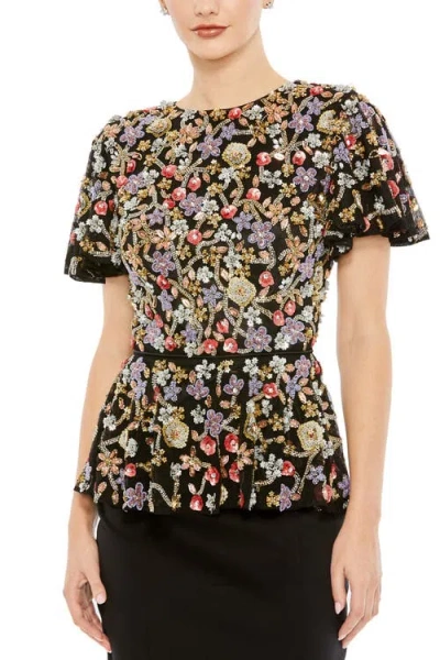 MAC DUGGAL MAC DUGGAL FLORAL EMBELLISHED BUTTERFLY SLEEVE PEPLUM TOP