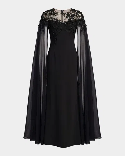 Mac Duggal Floral Embellished Chiffon Cape Gown In Black
