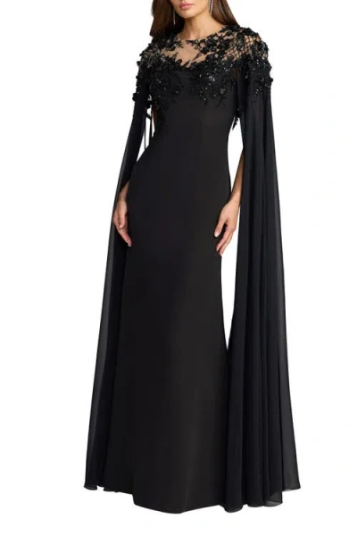 Mac Duggal Floral Embellished Crepe Gown With Chiffon Cape In Black