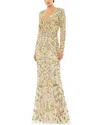 MAC DUGGAL FLORAL EMBELLISHED FAUX WRAP TRUMPET GOWN
