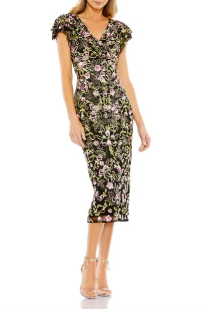 MAC DUGGAL MAC DUGGAL FLORAL EMBELLISHED FLUTTER CAP SLEEVE DRESS