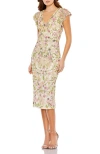 Mac Duggal Floral Embellished Flutter Cap Sleeve Dress In Cream Multi