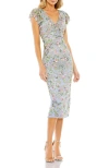 Mac Duggal Floral Embellished Flutter Cap Sleeve Dress In Slate Blue Multi