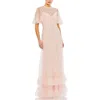 Mac Duggal Floral Embellished Flutter Sleeve A Line Gown In Peach
