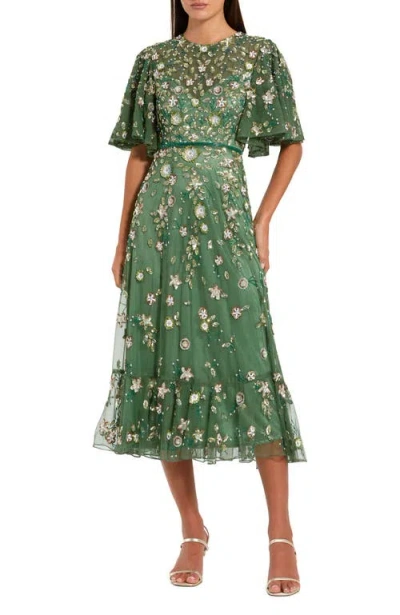 MAC DUGGAL MAC DUGGAL FLORAL EMBELLISHED FLUTTER SLEEVE MIDI DRESS