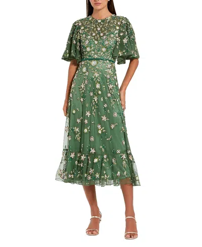 Mac Duggal Floral Embellished Flutter Sleeve Midi Dress In Multi