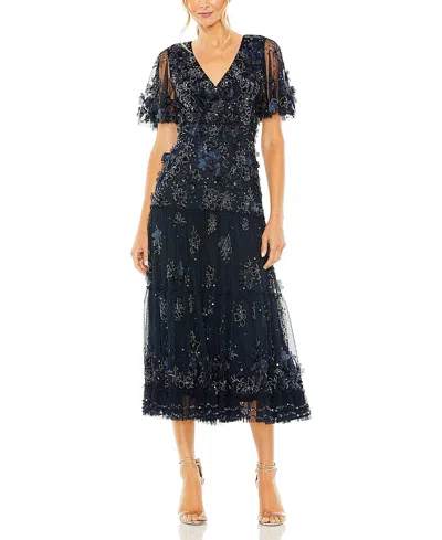 Mac Duggal Floral Embellished Flutter Sleeve Tiered Dress In Blue