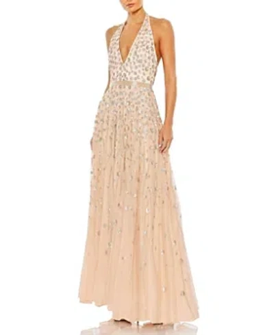 Mac Duggal Floral Sequin Plunge Neck A-line Gown In Blush