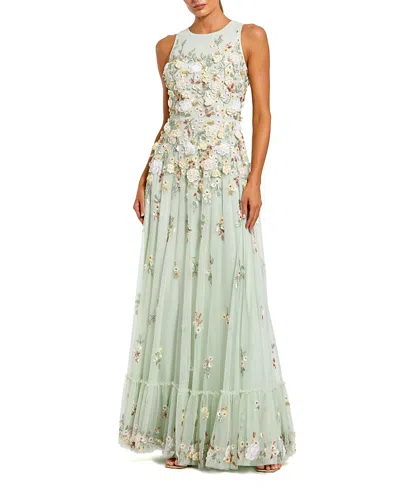 Mac Duggal Floral Embellished High Neck Sleeveless Gown In Metallic