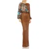 Mac Duggal Floral Embellished Long Blouson Sleeve Sequin Column Gown In Mocha