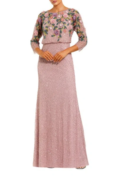 Mac Duggal Floral Embellished Long Sleeve Gown In Pink