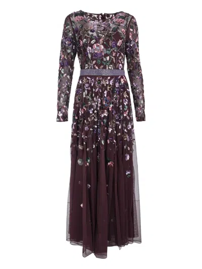 Mac Duggal Floral-embellished Long-sleeve Gown In Purple
