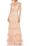 Mac Duggal Floral Embellished Long Sleeve Tiered Gown In Pink