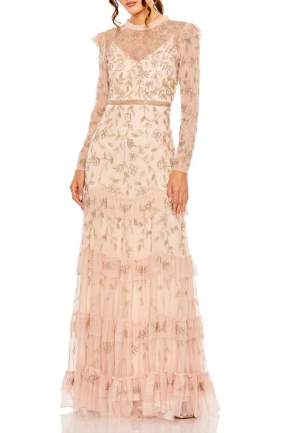 Mac Duggal Floral Embellished Long Sleeve Tiered Gown In Pink