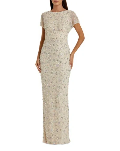 Mac Duggal Floral Embellished Mesh Fitted Blouson Gown In Neutral
