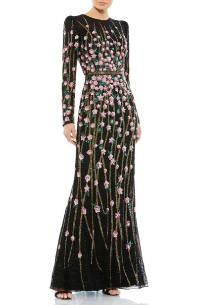 Mac Duggal Floral Embellished Mesh Gown With High Neck & Sheer Long Sleeves In Black Multi