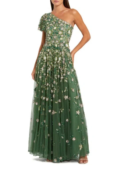 Mac Duggal Floral Embellished Mesh One Shoulder Gown In Green