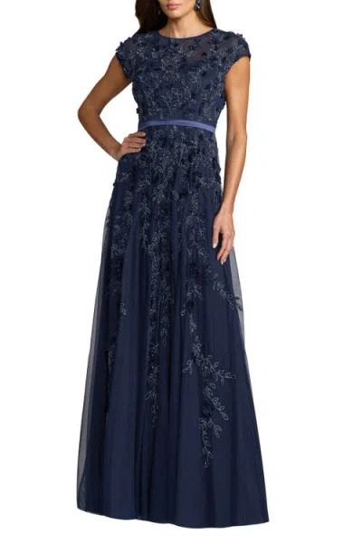 Mac Duggal Floral Embellished Mesh Short Sleeve Gown In Blue