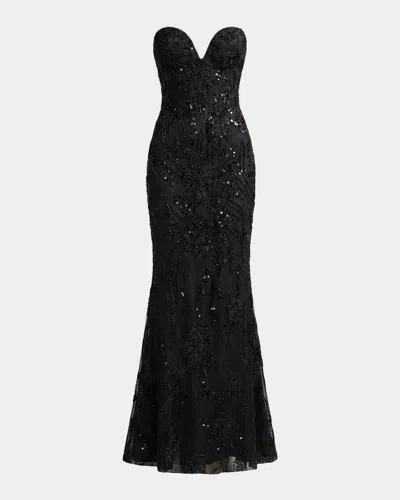 Mac Duggal Floral Embellished Mesh Strapless Column Gown In Black