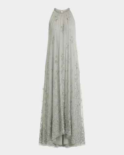 High Neck Floral Embellished Mesh Trapeze Gown In Gray from The Dress Outlet
