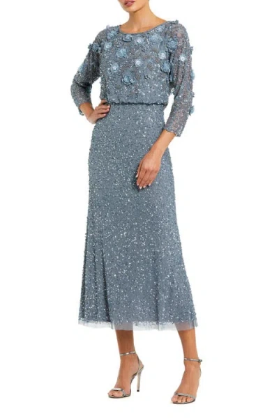 Mac Duggal Floral Embellished Midi Dress With 3/4 Sleeves In Gray