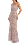 Mac Duggal Floral Embellished One Shoulder Gown In Pink Multi