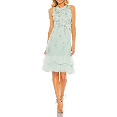 Mac Duggal Floral Embellished Ruffle Tiered High Neck Dress In Seafoam