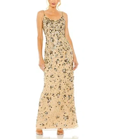 Mac Duggal Floral Embellished Scoop Neck Evening Gown In Gold