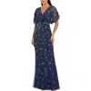 Mac Duggal Floral Embellished Short Sleeve Blouson Gown In Brown