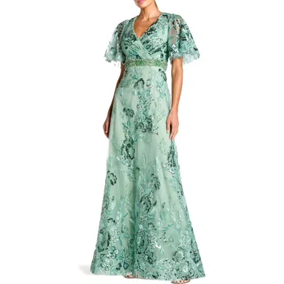 Mac Duggal Floral Embellished Short Sleeve Faux Wrap Gown In Green