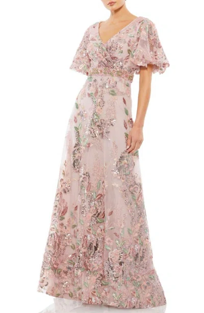 Mac Duggal Floral Embellished Short Sleeve Faux Wrap Gown In Rose Pink