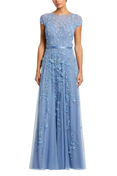 Mac Duggal Floral Embellished Short Sleeve Mesh Gown In Sky Blue