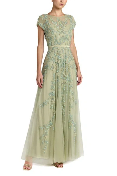 Mac Duggal Floral Embellished Short Sleeve Mesh Gown In Green