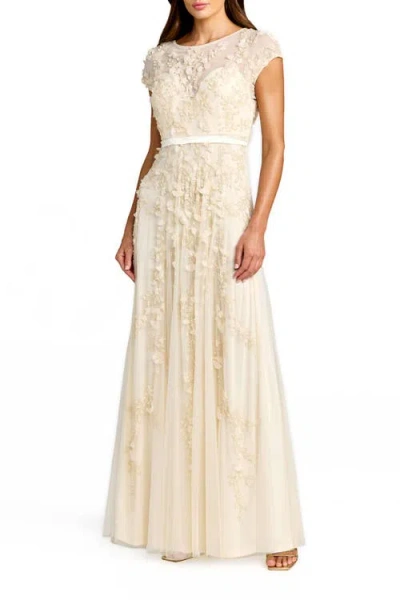 Mac Duggal Floral Embellished Short Sleeve Mesh Gown In Neutral