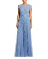 Mac Duggal Floral Embellished Short Sleeve Mesh Gown In Sky Blue
