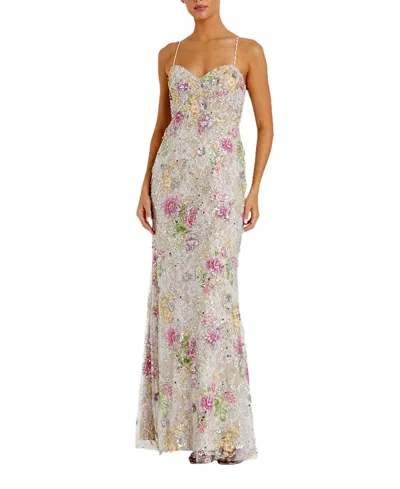 Mac Duggal Floral Embellished Sleeveless Bustier Gown In Ivory Multi
