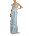 Mac Duggal Floral Embellished Sleeveless Plunge Neck Gown In Blue