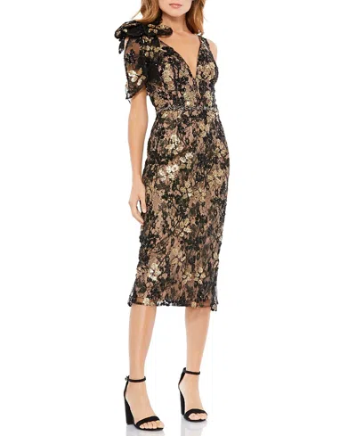 Mac Duggal Floral Embellished V-neck Midi Dress With Shoulder Bow In Black