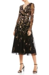 Mac Duggal Embroidered Wrap Over Illusion Sleeve Midi Dress In Black Multi
