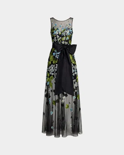 Mac Duggal Sleeveless Mesh Applique Gown With Bow Belt In Black