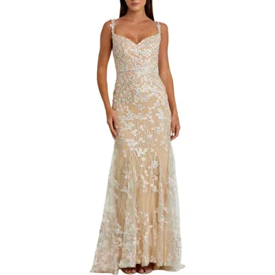 Mac Duggal Floral Embroidered Corset Bodice Gown In Nude Multi