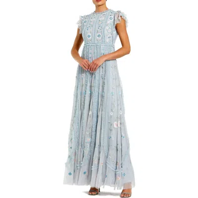 Mac Duggal Floral Embroidered Flutter Sleeve Maxi Gown In Blue