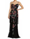 Mac Duggal Floral Embroidered Fringe Gown In Black Multi In Black